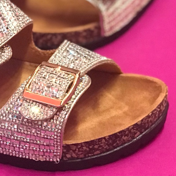 Italina Rhinestone Jewel Double Buckle Strap Cork Slide Contoured Sandal - Picture 10 of 15